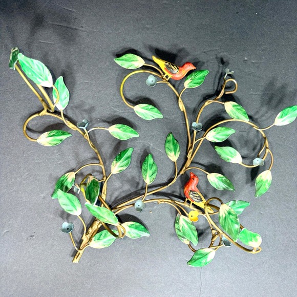 Vtg Toleware Birds on Branch Wall Art Candle Holders Red Songbirds Green Leaves - Picture 2 of 16